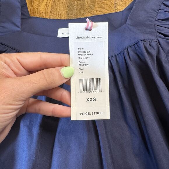 NWT VINEYARD VINES Ric Rac Bell Sleeve Blouse Navy White Embriodery Wmns Sz XXS - Picture 2 of 6